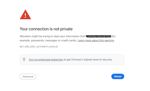 Screenshot of Chrome showing a ERR_CERT_INVALID error